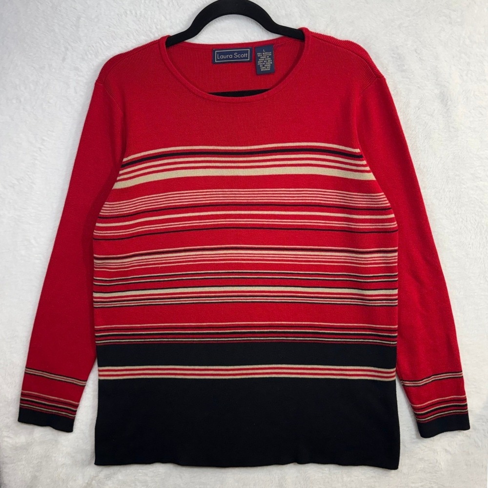Laura Scott L Sweater Red Striped Crew Neck Knit Pullover Long Sleeve Retro Mod